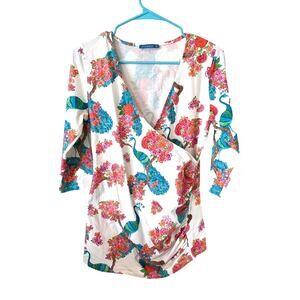 Lien & Giel Womens Peacock Print Long Sleeve Top Size Medium White